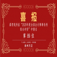 全國會計師事務所綜合評價排名公布，我公司位列89名！